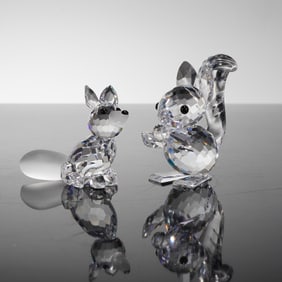 2pc Swarovski Silver Crystal Miniature Figurines, Sitting Fox and Squirrel
