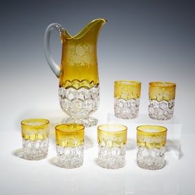7 Hobbs EAPG Hexagon Block Amber Flashed Tankard Pitcher & Tumblers