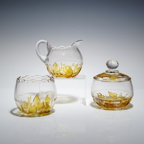 3 Hobbs Brockunier Amber Leaf & Flower Pattern Tableware Components