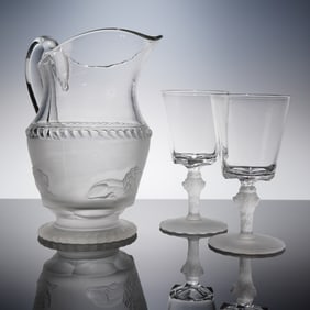 Three Piece EAPG Frosted Lion Glass Water Set