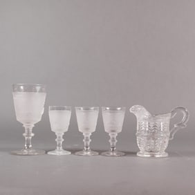 A Collection of 5 EAPG Pressed Glass Cups and Pitcher
