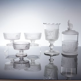 5 Gillinder & Sons Westward Ho Pattern EAPG Frosted Tableware Pieces