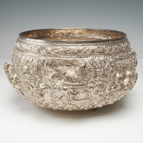 Thai Silver Repousse Bowl with High Relief Figures