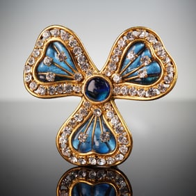 Chanel Paris Gold-Tone Blue and Clear Rhinestone Trefoil Cross Brooch