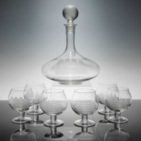 7pc Orrefors Etched Ships Decanter Set with Brandy Snifter Glasses