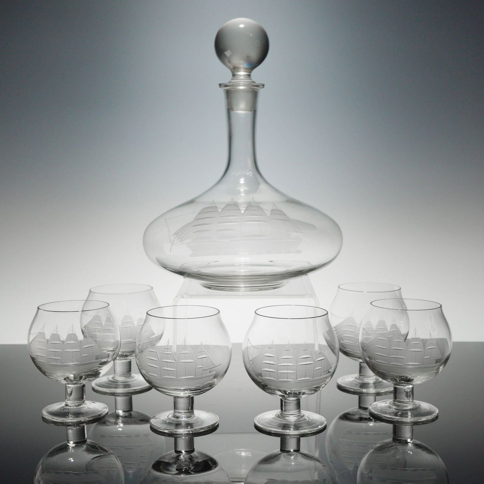 7pc Orrefors Etched Ships Decanter Set with Brandy Snifter Glasses (1 of 4)