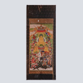 19th Century Tibetan Thangka Depicting Buddha, Tempera on Silk & Cotton
