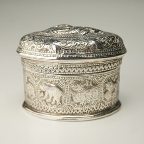 Burmese Silver Oblong Covered Box with Zodiac Animals