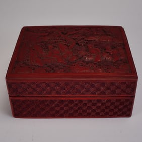 2pc Chinese Carved Cinnabar Lacquer Courtyard Scene Box with Lid