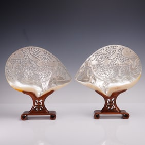 4pc Chinese Carved Mother of Pearl Shell Plaques with Display Stands