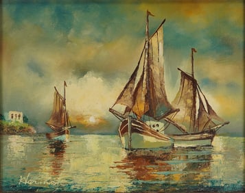 Signed Oil on Canvas Seascape Painting of Sailboats, Framed