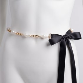 Escada Italy Gold-Tone & White Beads Chain Belt w/ Satin Tie