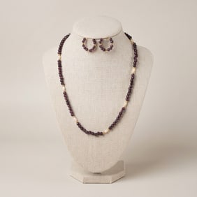 3pc 14K Gold Garnet & Freshwater Pearl Necklace Earring Set