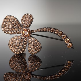 Sonia Rykiel Paris Pave-Set Amber Swarovski Rhinestone Clover Brooch