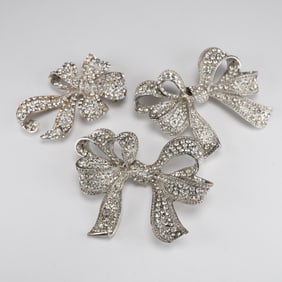3pc Barrera Silver-Tone Rhinestone Bow Brooches
