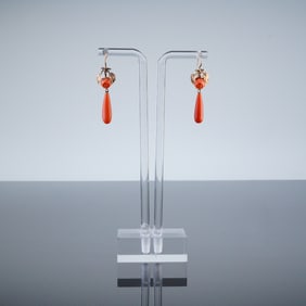Pair of 14K Gold Victorian Era Coral Drop Earrings