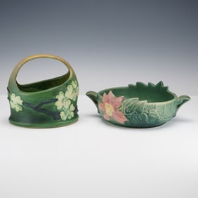 2pc Roseville Pottery Clematis Bowl and Dogwood Basket
