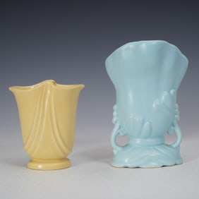 2pc Weller Pottery Vases, Yellow and Blue