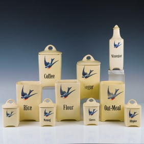 10pc Antique German Porcelain Canister Set with Swallow Bird Motif