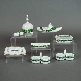 A Collection of Eight Pieces of Meissen Green Vine Porcelain Accessories