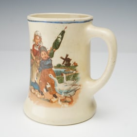 2pc Unmarked Dutch-Inspired Mugs, Fishing & Goose Girl Designs