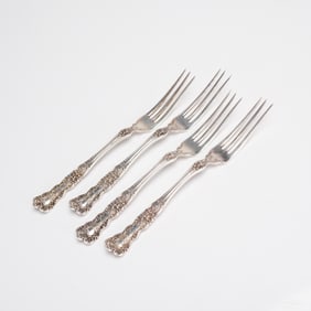 5 Monogrammed Sterling Silver Forks, Floral Pattern, Pat. 1900
