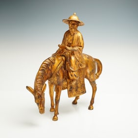Japanese Gilded Cast Iron Scholar on Horseback Sculpture