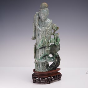 2pc Chinese Carved Jadeite Guanyin Figurine with Base