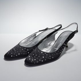 A Pair of St. John Black Fabric Rhinestone Embellished Slingback Heels
