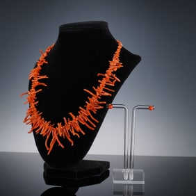 3pc Natural Red Branch Coral Necklace and Pair of Stud Earrings