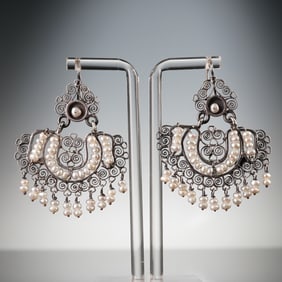 Pair of Oaxacan Filigree Sterling Silver and Pearl Chandelier Earrings