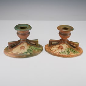 Pair of Roseville Pottery Candle Holders, Dahlrose