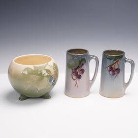 3pc Weller Pottery Hand Painted Vessels with Fruit Motifs