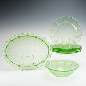 8pc Jeannette Depression Uranium Glass Tableware, Cherry Blossom Green