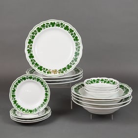 Collection of 16 Pieces of Meissen Full Green Vine Porcelain Dinnerware