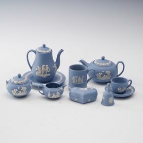 14pc Wedgwood Blue Jasperware Tea Set Miniatures