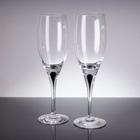 A Pair of Orrefors Intermezzo Black White Wine Glasses by Erika Lagerbielke