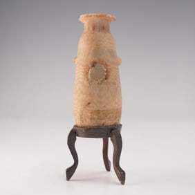 Ancient Alabaster Stone Flask with Metal Tripod Stand