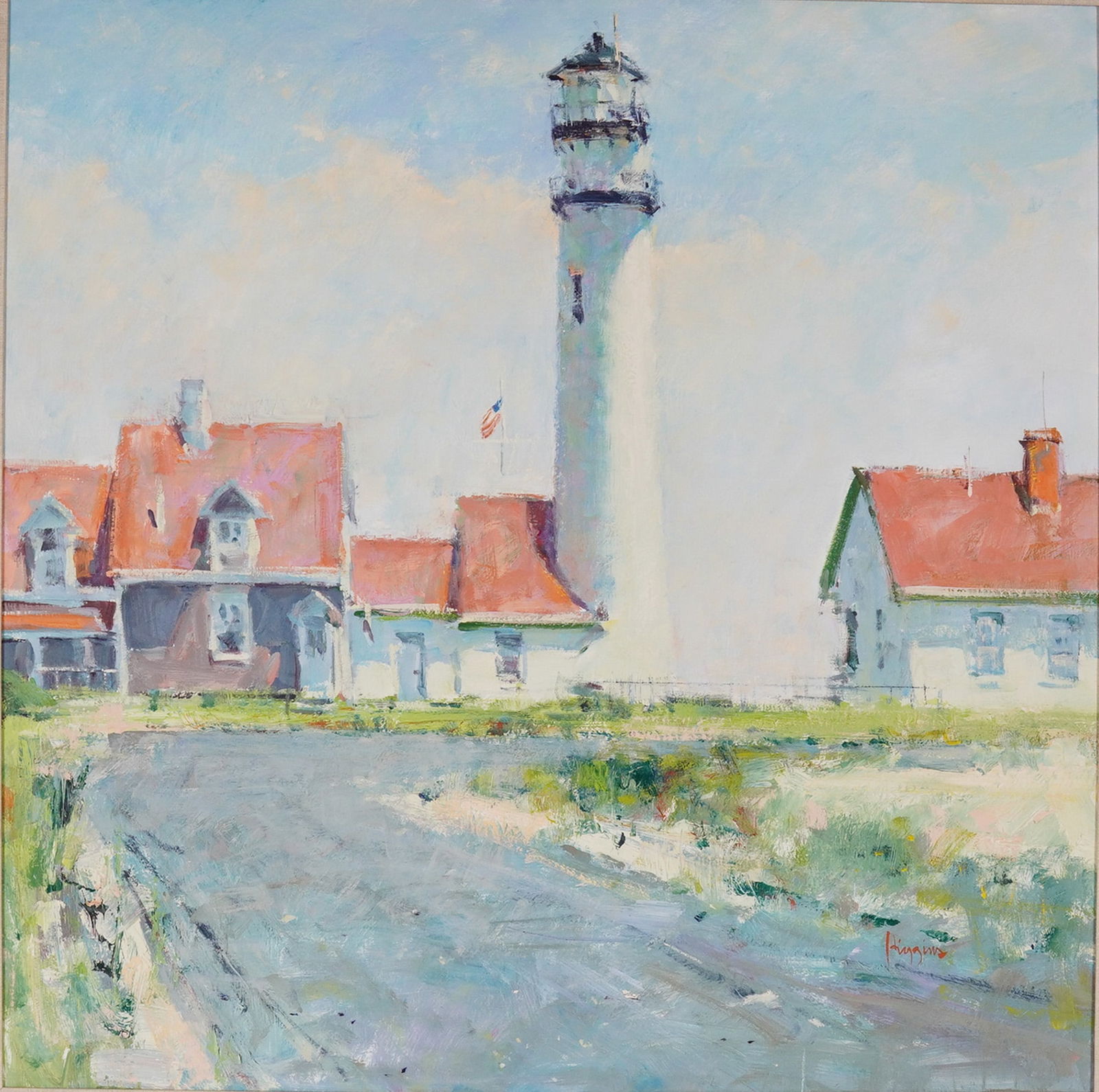 Doug Higgins (American, b.1939) Oil on Board, Coastal Scene, Signed: A luminous coastal scene by celebrated American impressionist Doug Higgins, this oil on board captures the timeless majesty of a classic lighthouse rising over its cluster of keeper's cottages. Painte