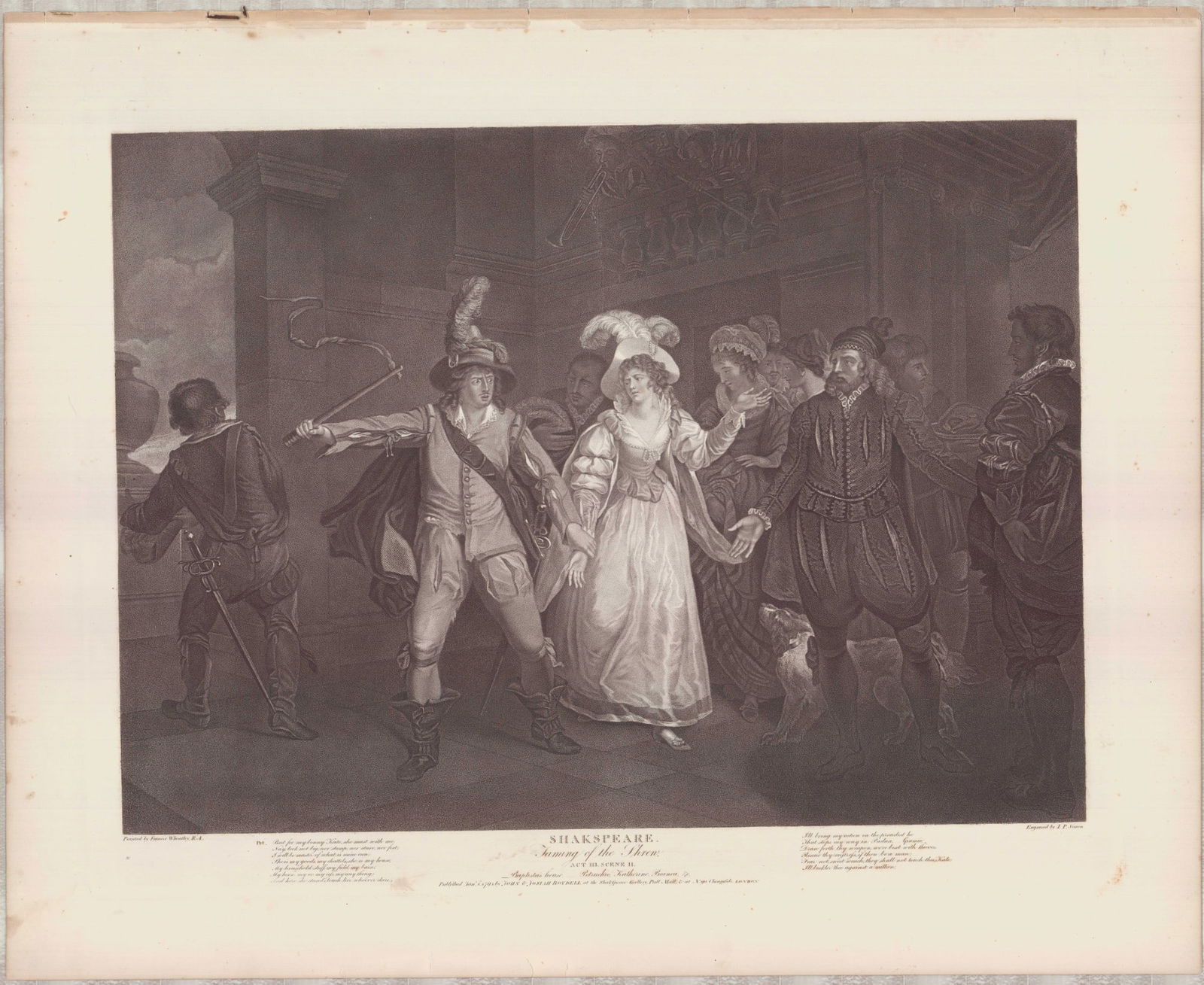 Francis Wheatley Engraving Taming of the Shrew Boydell Gallery 1795: This is an 18th-century stipple engraving on wove paper executed by J. P. Simon after Francis Wheatley (British, 1747-1801) illustrating a dramatic genre scene from William Shakespeare's The Taming of