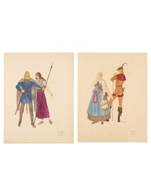 H. & C. Condon, 2pc Costume Design Watercolors & Ink on Paper, Signed