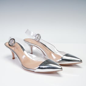 A Pair of Gianvito Rossi Silver Toned Slingback Pumps