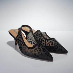 A Pair of TAHARI Womens Black Mesh Leopard Print Slingback Kitten Heels