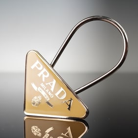 Prada Italy Enameled Metal Triangle-Logo Key Ring, Silver-Toned and Cream