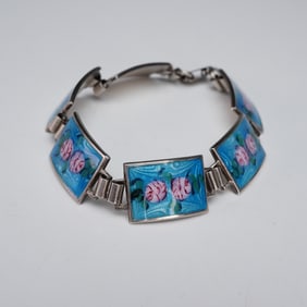 Sterling Silver Guilloche Floral Enamel Link Bracelet