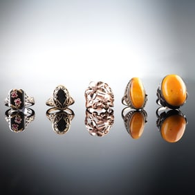 5pc Assortment of Sterling-Metal Rings with Rhinestones & Amber Stones