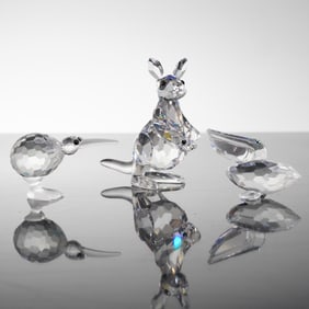 3pc Swarovski Crystal Figurines, Kangaroo with Baby Joey, Kiwi, and Pelican