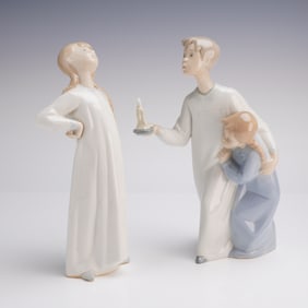 2pc Lladro Porcelain Figurines, Girl Stretching & Boy and Girl