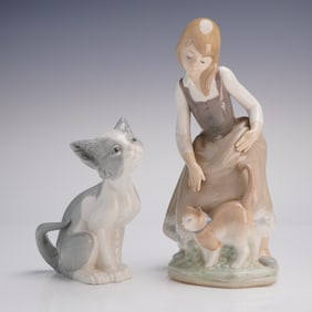 2pc Lladro Porcelain Figurines, Little Girl with Cat & Seated Cat