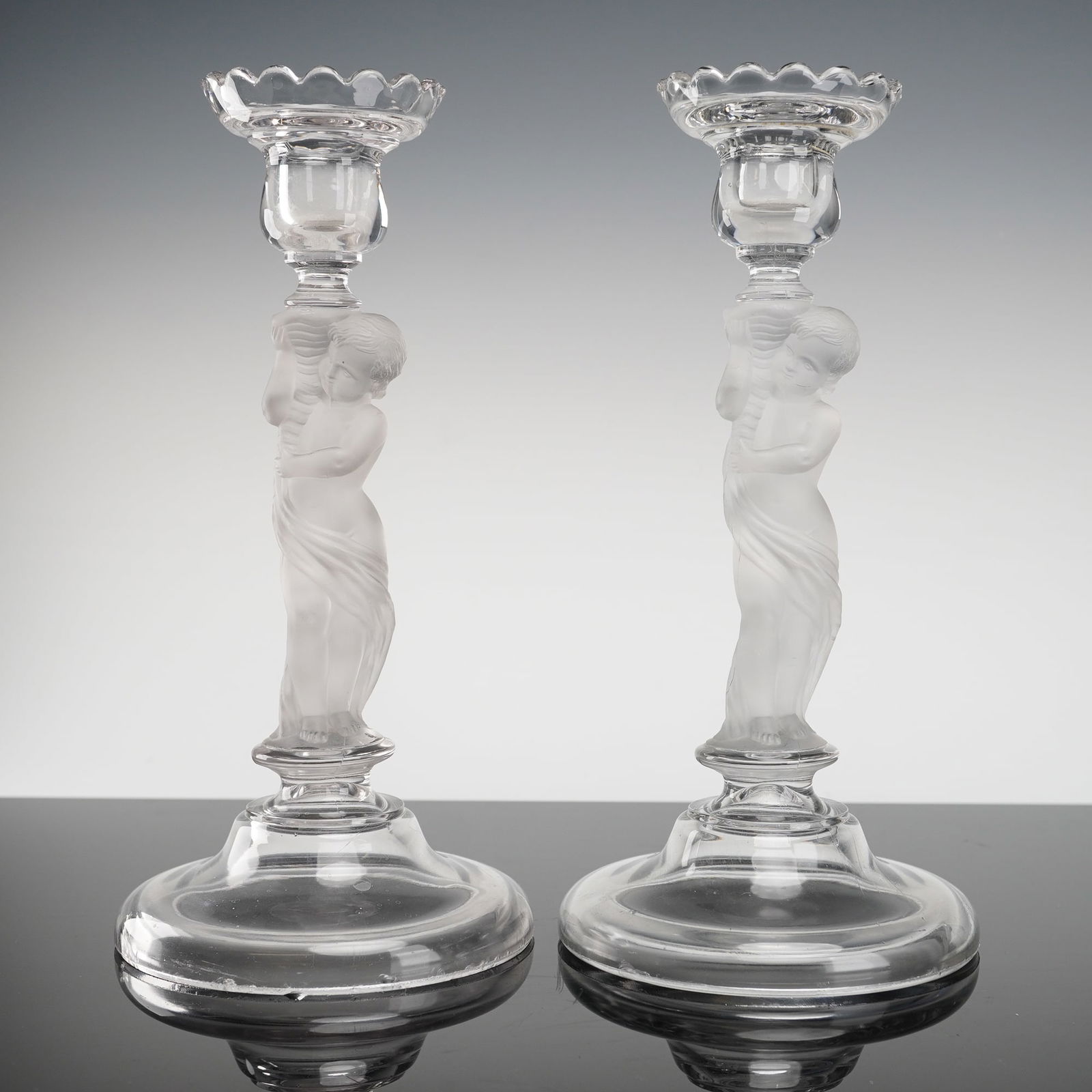 Pair of Clear & Frosted Crystal Glass Putti Candlestick Holders (1 of 4)